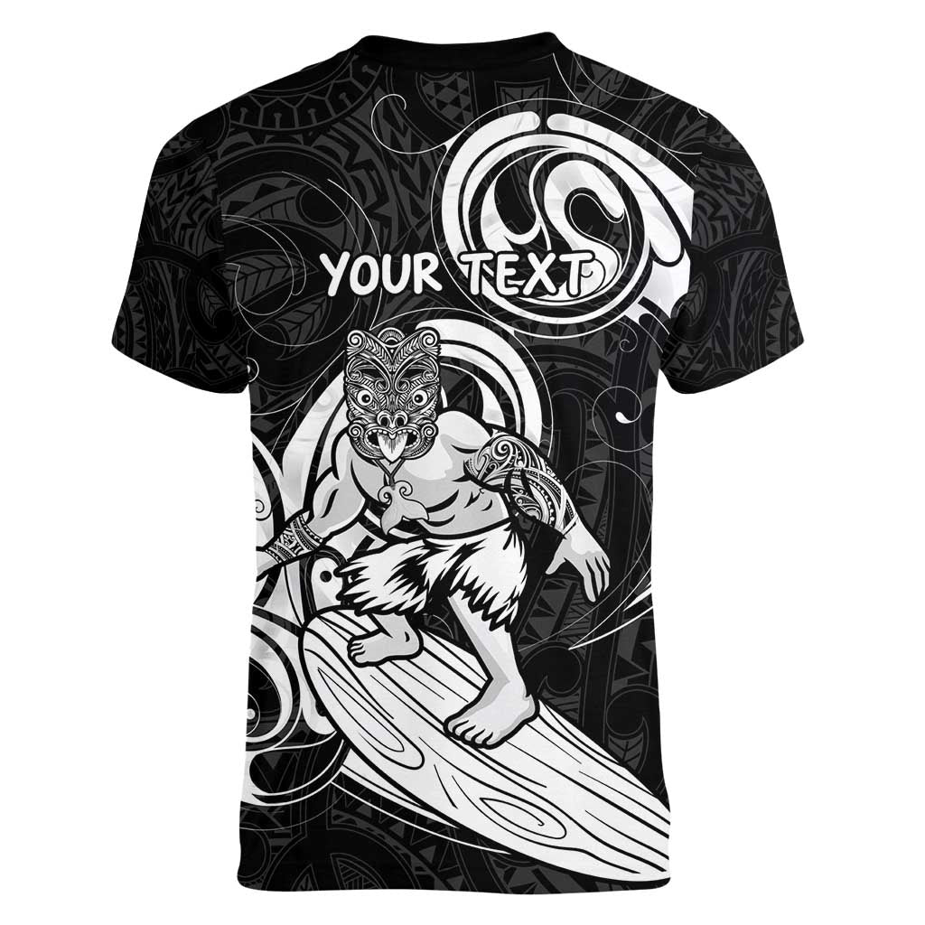 Personalised New Zealand Surfing Women V-Neck T-Shirt Aotearoa Maori Tiki Haka