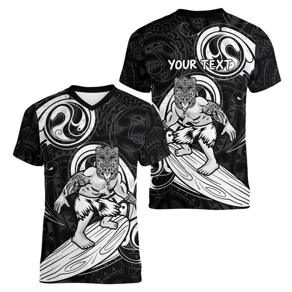 Personalised New Zealand Surfing Women V-Neck T-Shirt Aotearoa Maori Tiki Haka
