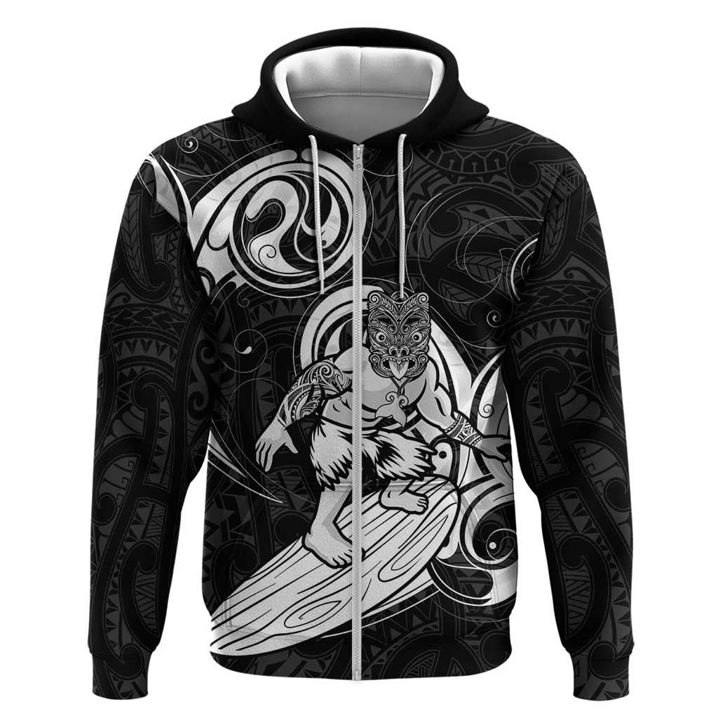 Personalised New Zealand Surfing Zip Hoodie Aotearoa Maori Tiki Haka LT14 Zip Hoodie Black - Polynesian Pride