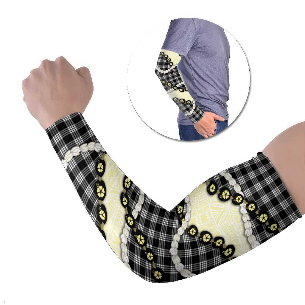 Black Palaka Hawaii Arm Sleeves Kukui Nut Pikake Lei Hawaiian Tapa Pattern - Polynesian Pride