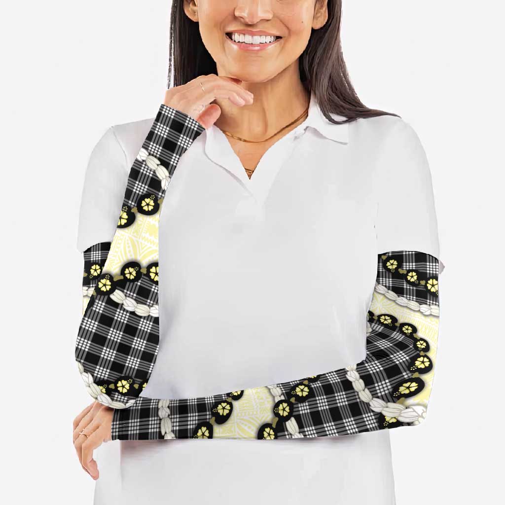 Black Palaka Hawaii Arm Sleeves Kukui Nut Pikake Lei Hawaiian Tapa Pattern - Polynesian Pride
