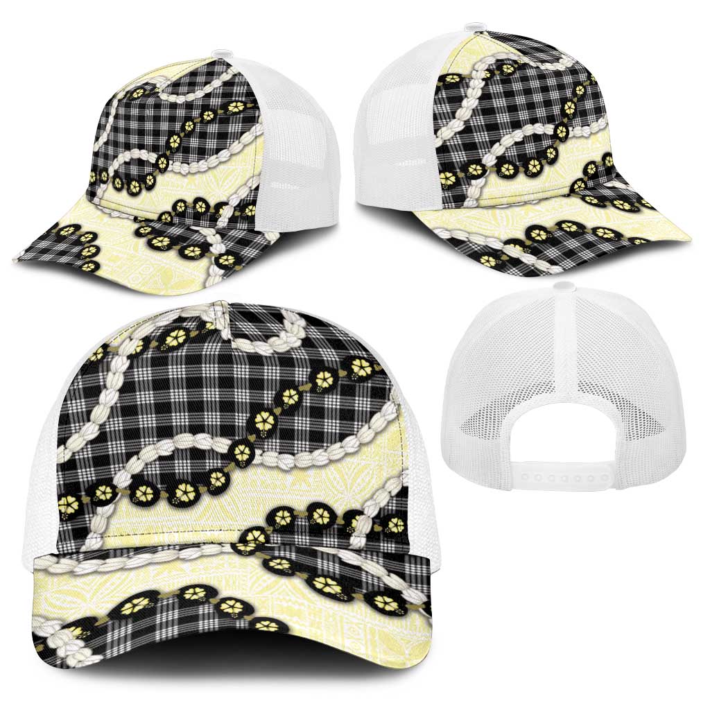 Black Palaka Hawaii Baseball Net Cap Kukui Nut Pikake Lei Hawaiian Tapa Pattern - Polynesian Pride