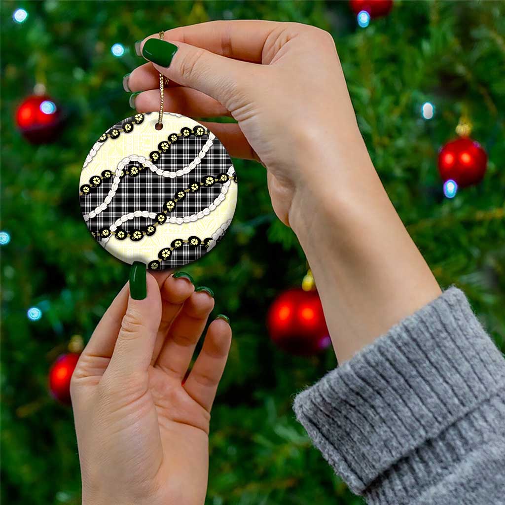 Black Palaka Hawaii Ceramic Ornament Kukui Nut Pikake Lei Hawaiian Tapa Pattern - Polynesian Pride
