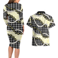 Black Palaka Hawaii Couples Matching Long Sleeve Bodycon Dress and Hawaiian Shirt Kukui Nut Pikake Lei Hawaiian Tapa Pattern - Polynesian Pride