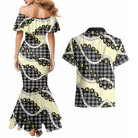 Black Palaka Hawaii Couples Matching Mermaid Dress and Hawaiian Shirt Kukui Nut Pikake Lei Hawaiian Tapa Pattern - Polynesian Pride
