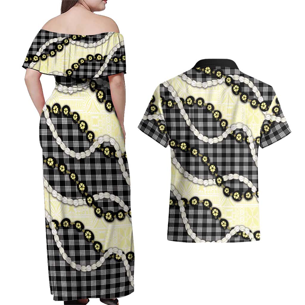Black Palaka Hawaii Couples Matching Off Shoulder Maxi Dress and Hawaiian Shirt Kukui Nut Pikake Lei Hawaiian Tapa Pattern - Polynesian Pride