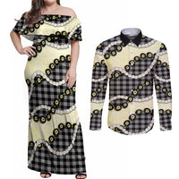 Black Palaka Hawaii Couples Matching Off Shoulder Maxi Dress and Long Sleeve Button Shirt Kukui Nut Pikake Lei Hawaiian Tapa Pattern LT14 Black - Polynesian Pride