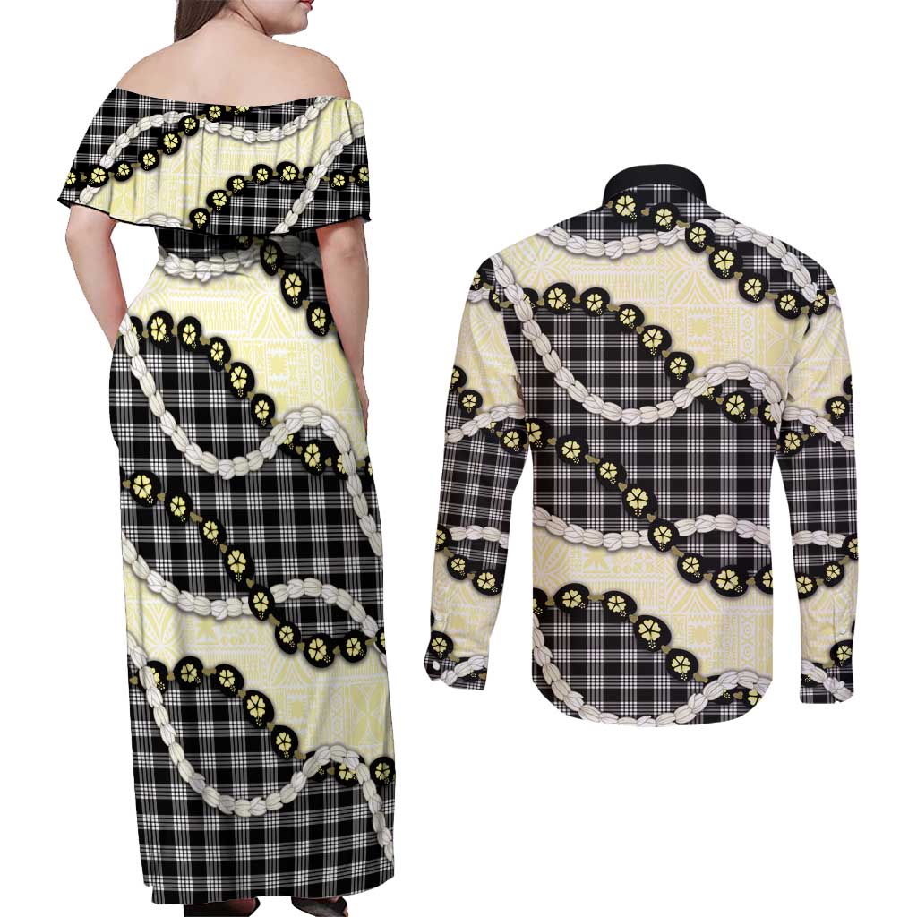 Black Palaka Hawaii Couples Matching Off Shoulder Maxi Dress and Long Sleeve Button Shirt Kukui Nut Pikake Lei Hawaiian Tapa Pattern LT14 - Polynesian Pride
