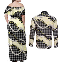 Black Palaka Hawaii Couples Matching Off Shoulder Maxi Dress and Long Sleeve Button Shirt Kukui Nut Pikake Lei Hawaiian Tapa Pattern LT14 - Polynesian Pride