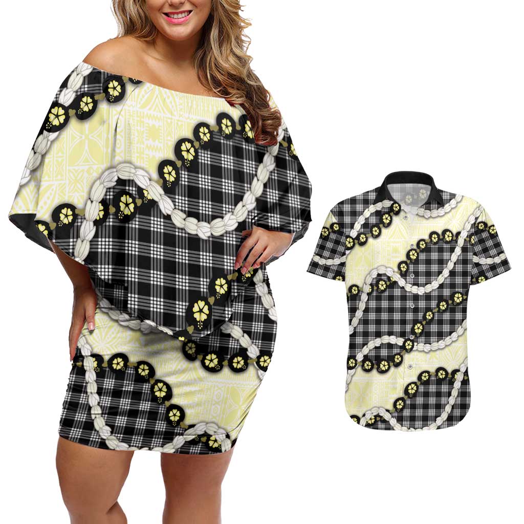 Black Palaka Hawaii Couples Matching Off Shoulder Short Dress and Hawaiian Shirt Kukui Nut Pikake Lei Hawaiian Tapa Pattern - Polynesian Pride