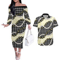 Black Palaka Hawaii Couples Matching Off The Shoulder Long Sleeve Dress and Hawaiian Shirt Kukui Nut Pikake Lei Hawaiian Tapa Pattern - Polynesian Pride