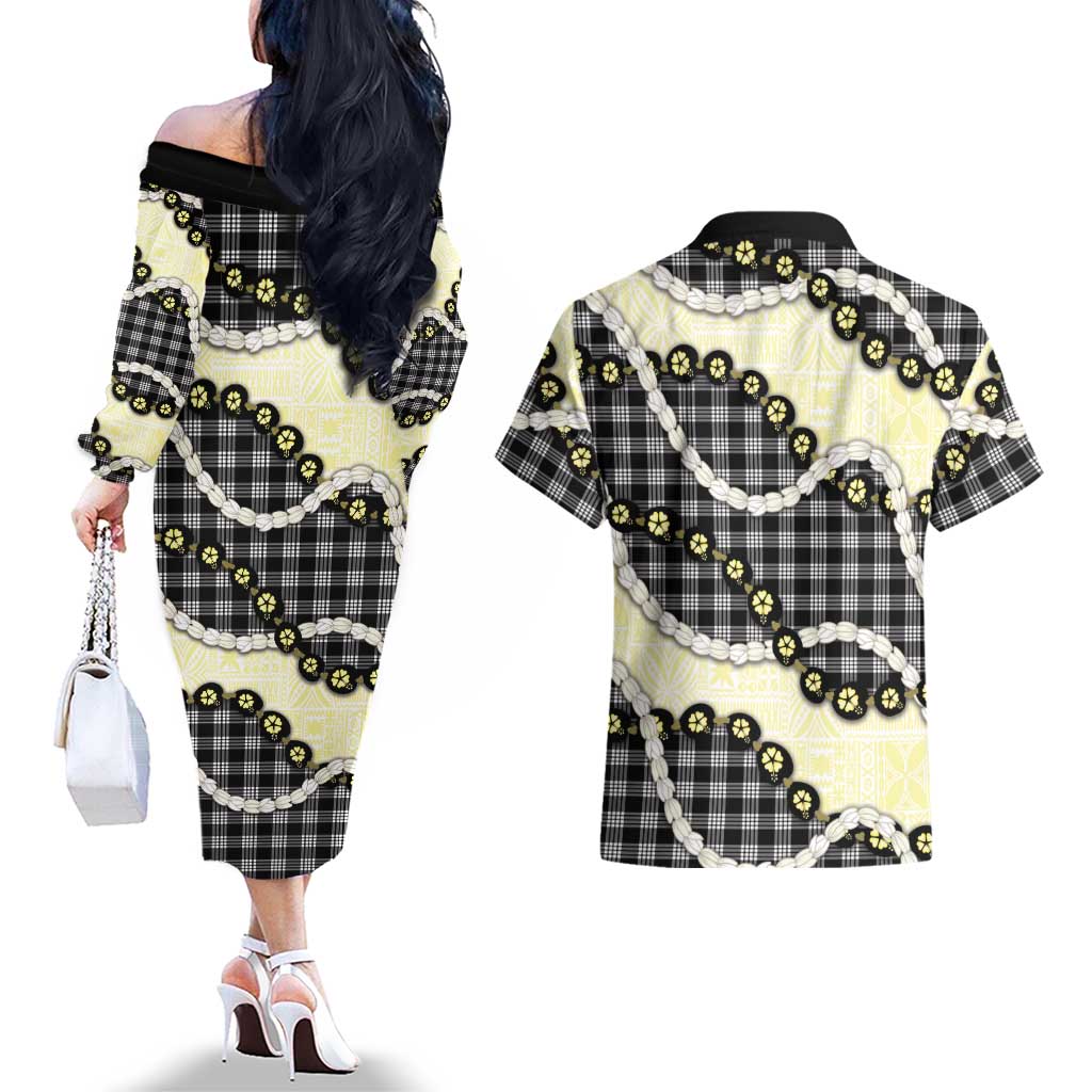Black Palaka Hawaii Couples Matching Off The Shoulder Long Sleeve Dress and Hawaiian Shirt Kukui Nut Pikake Lei Hawaiian Tapa Pattern - Polynesian Pride