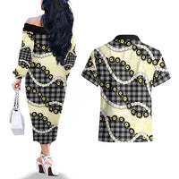 Black Palaka Hawaii Couples Matching Off The Shoulder Long Sleeve Dress and Hawaiian Shirt Kukui Nut Pikake Lei Hawaiian Tapa Pattern - Polynesian Pride