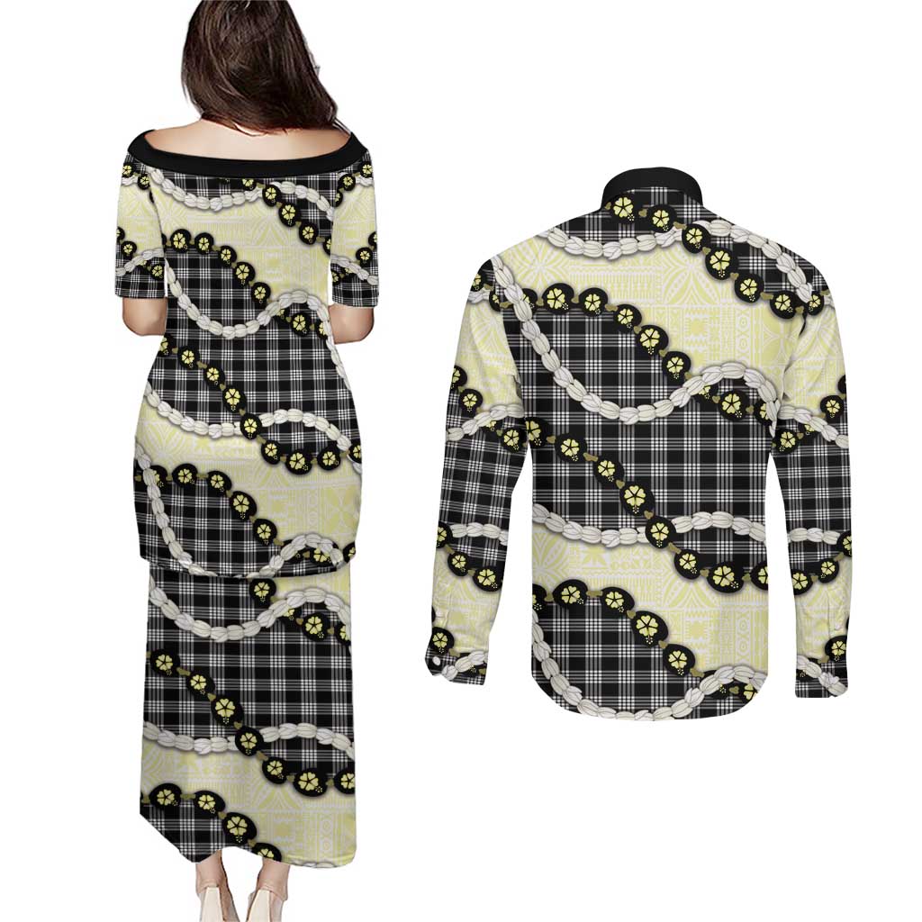 Black Palaka Hawaii Couples Matching Puletasi and Long Sleeve Button Shirt Kukui Nut Pikake Lei Hawaiian Tapa Pattern - Polynesian Pride
