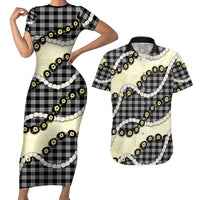 Black Palaka Hawaii Couples Matching Short Sleeve Bodycon Dress and Hawaiian Shirt Kukui Nut Pikake Lei Hawaiian Tapa Pattern - Polynesian Pride