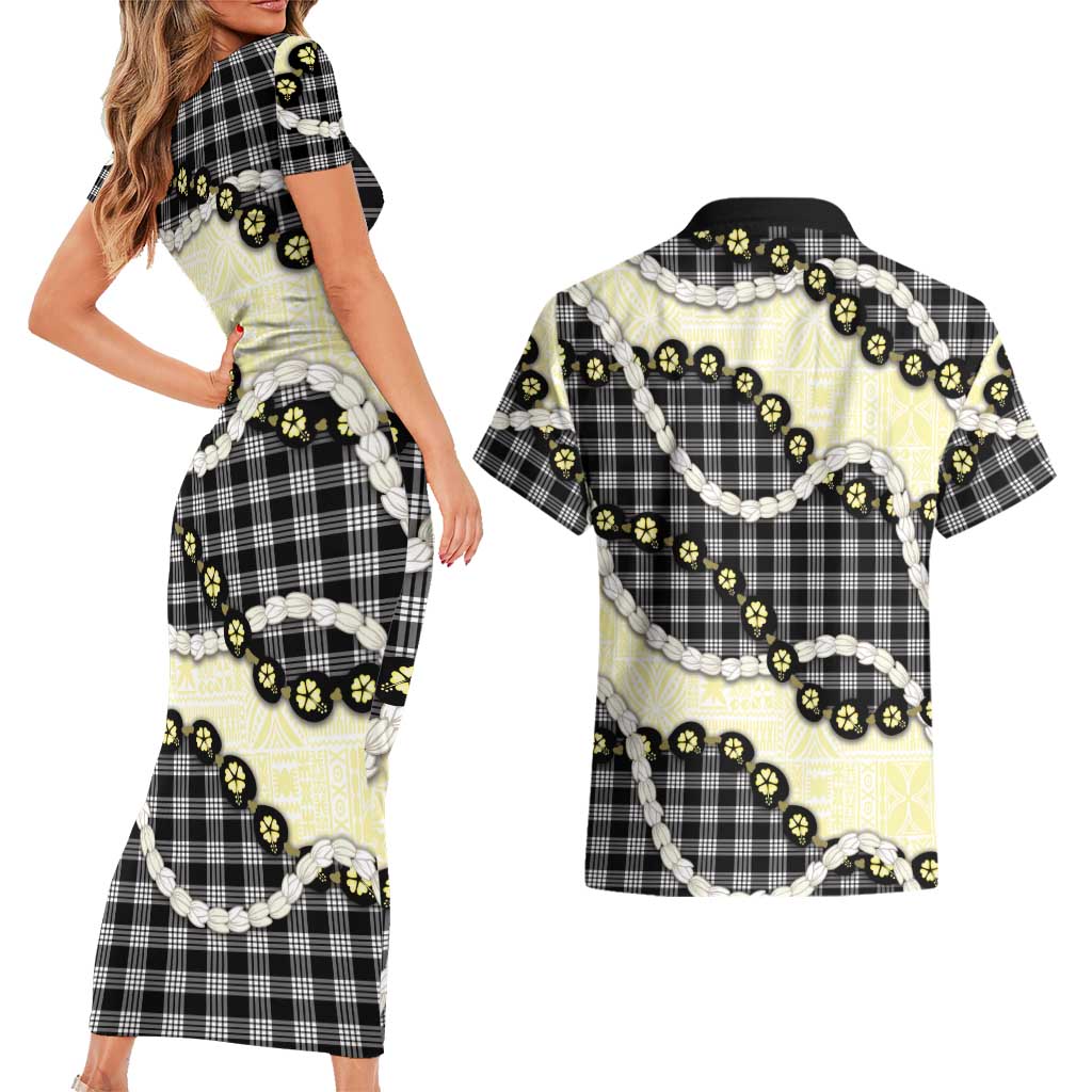 Black Palaka Hawaii Couples Matching Short Sleeve Bodycon Dress and Hawaiian Shirt Kukui Nut Pikake Lei Hawaiian Tapa Pattern - Polynesian Pride