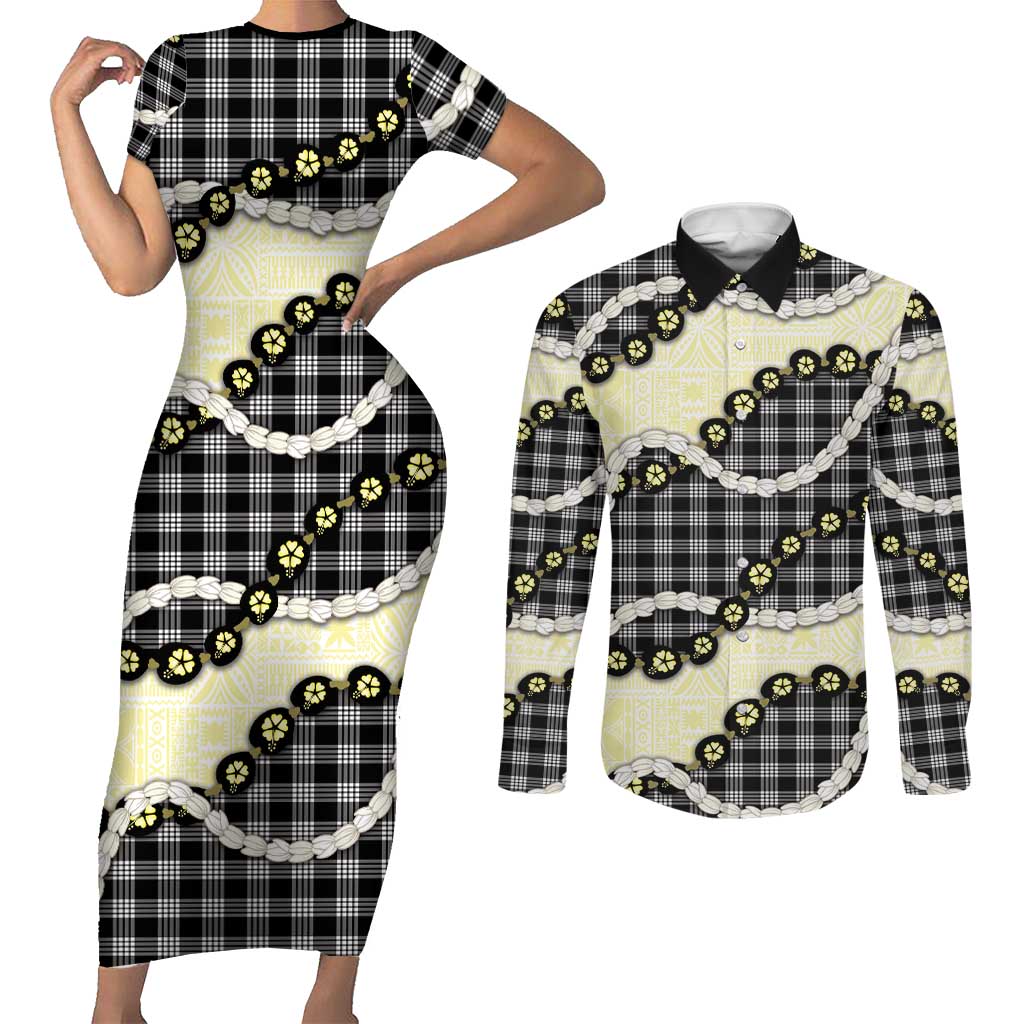 Black Palaka Hawaii Couples Matching Short Sleeve Bodycon Dress and Long Sleeve Button Shirt Kukui Nut Pikake Lei Hawaiian Tapa Pattern - Polynesian Pride