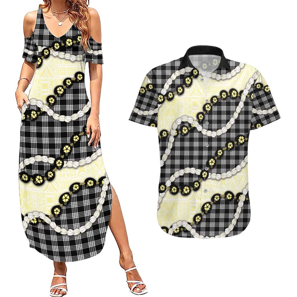 Black Palaka Hawaii Couples Matching Summer Maxi Dress and Hawaiian Shirt Kukui Nut Pikake Lei Hawaiian Tapa Pattern - Polynesian Pride