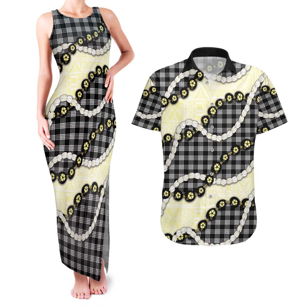 Black Palaka Hawaii Couples Matching Tank Maxi Dress and Hawaiian Shirt Kukui Nut Pikake Lei Hawaiian Tapa Pattern - Polynesian Pride