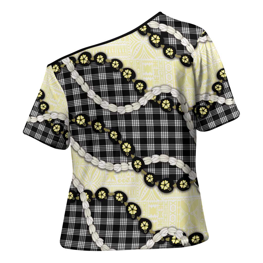 Black Palaka Hawaii Cross Shoulder Shirt Kukui Nut Pikake Lei Hawaiian Tapa Pattern - Polynesian Pride