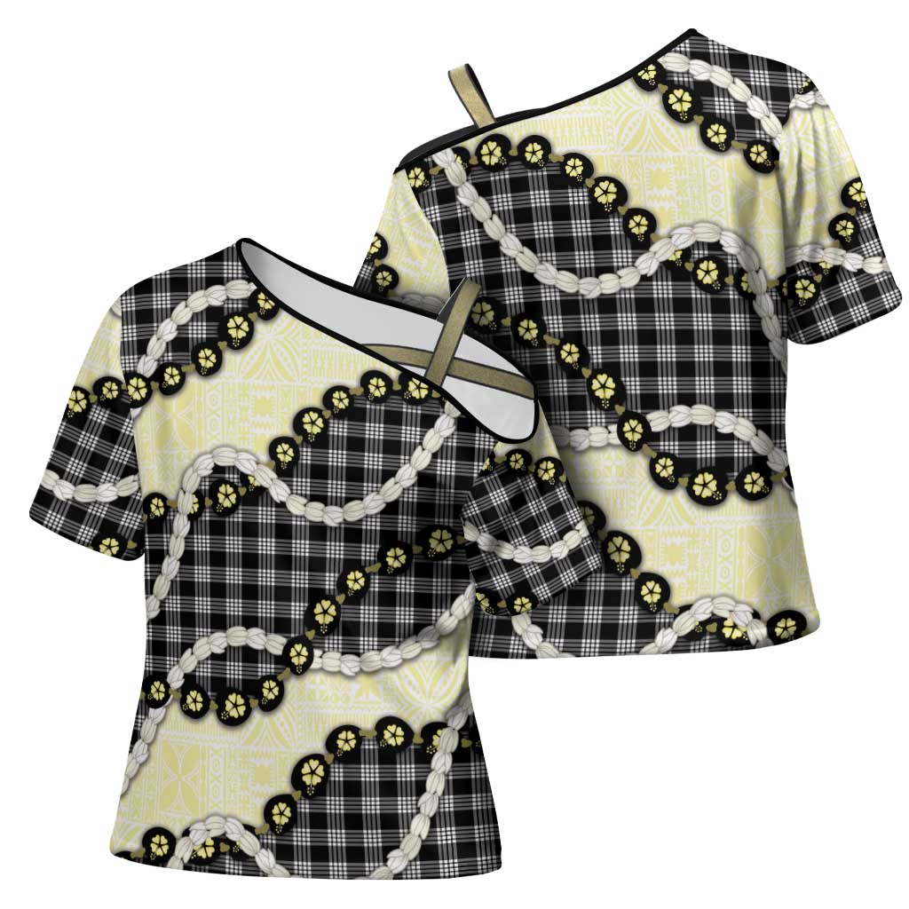 Black Palaka Hawaii Cross Shoulder Shirt Kukui Nut Pikake Lei Hawaiian Tapa Pattern - Polynesian Pride