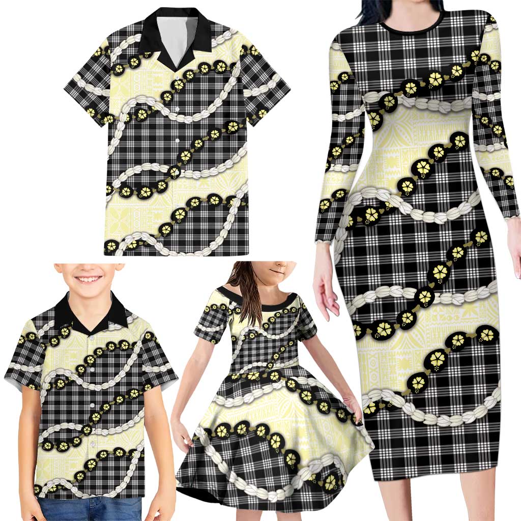 Black Palaka Hawaii Family Matching Long Sleeve Bodycon Dress and Hawaiian Shirt Kukui Nut Pikake Lei Hawaiian Tapa Pattern LT14 - Polynesian Pride