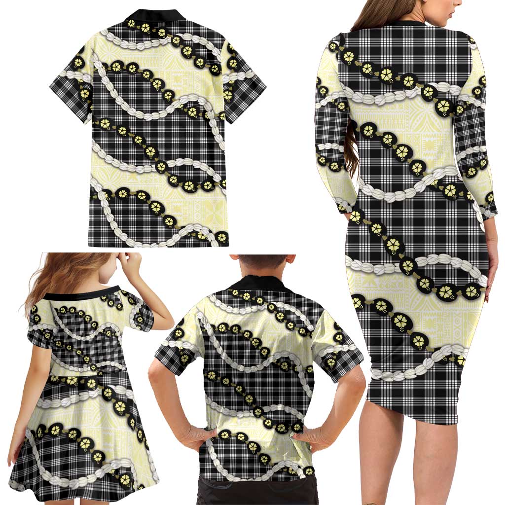 Black Palaka Hawaii Family Matching Long Sleeve Bodycon Dress and Hawaiian Shirt Kukui Nut Pikake Lei Hawaiian Tapa Pattern LT14 - Polynesian Pride