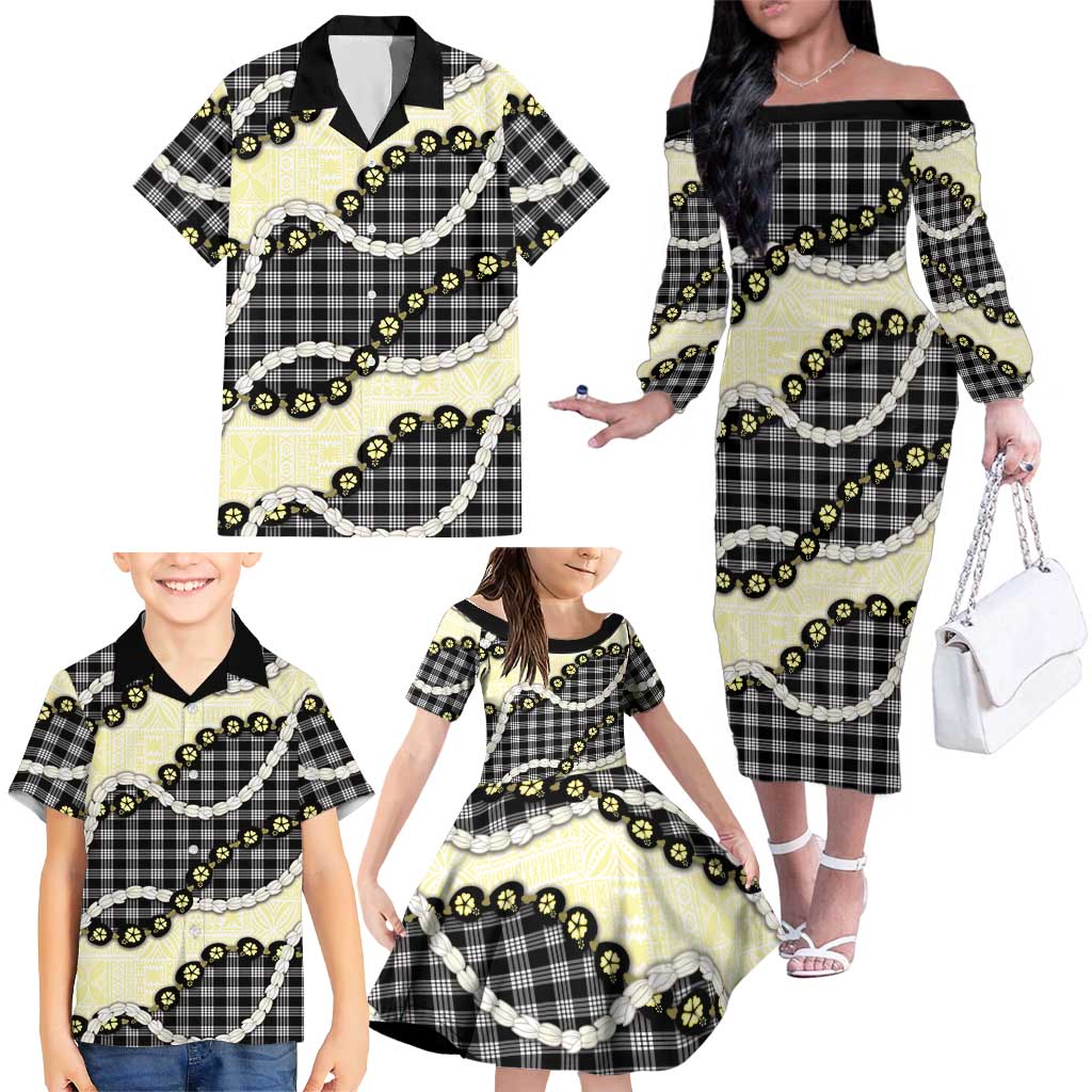 Black Palaka Hawaii Family Matching Off The Shoulder Long Sleeve Dress and Hawaiian Shirt Kukui Nut Pikake Lei Hawaiian Tapa Pattern LT14 - Polynesian Pride
