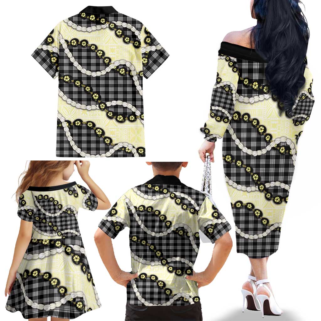 Black Palaka Hawaii Family Matching Off The Shoulder Long Sleeve Dress and Hawaiian Shirt Kukui Nut Pikake Lei Hawaiian Tapa Pattern LT14 - Polynesian Pride