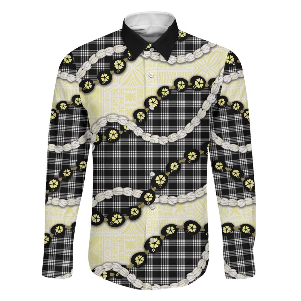 Black Palaka Hawaii Family Matching Off The Shoulder Long Sleeve Dress and Hawaiian Shirt Kukui Nut Pikake Lei Hawaiian Tapa Pattern LT14 Dad's Shirt - Long Sleeve Black - Polynesian Pride