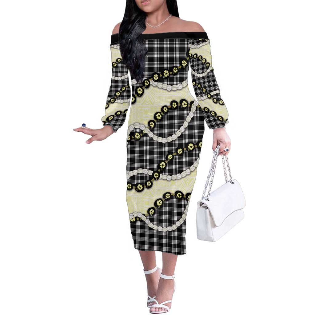Black Palaka Hawaii Family Matching Off The Shoulder Long Sleeve Dress and Hawaiian Shirt Kukui Nut Pikake Lei Hawaiian Tapa Pattern LT14 Mom's Dress Black - Polynesian Pride