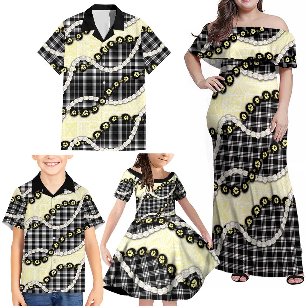 Black Palaka Hawaii Family Matching Off Shoulder Maxi Dress and Hawaiian Shirt Kukui Nut Pikake Lei Hawaiian Tapa Pattern - Polynesian Pride