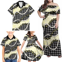 Black Palaka Hawaii Family Matching Off Shoulder Maxi Dress and Hawaiian Shirt Kukui Nut Pikake Lei Hawaiian Tapa Pattern - Polynesian Pride