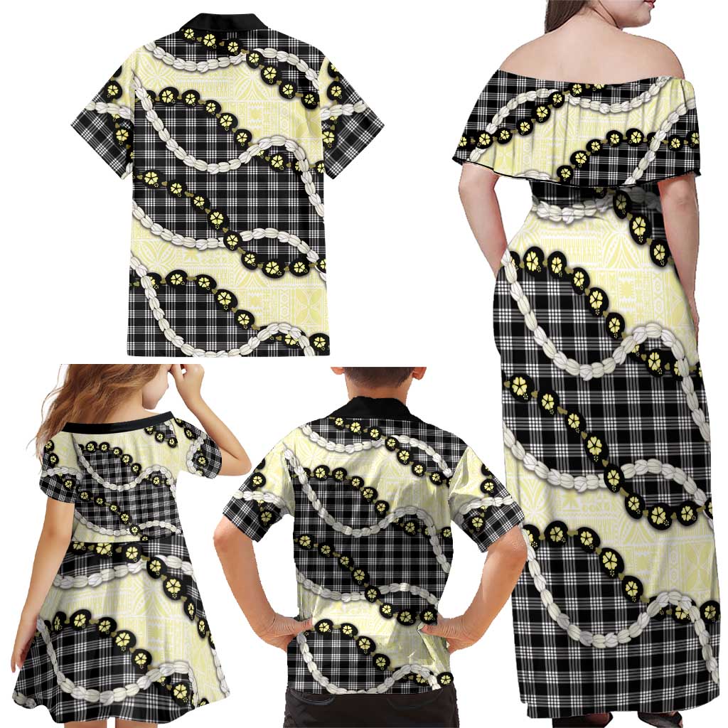 Black Palaka Hawaii Family Matching Off Shoulder Maxi Dress and Hawaiian Shirt Kukui Nut Pikake Lei Hawaiian Tapa Pattern - Polynesian Pride