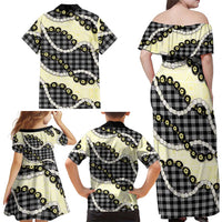 Black Palaka Hawaii Family Matching Off Shoulder Maxi Dress and Hawaiian Shirt Kukui Nut Pikake Lei Hawaiian Tapa Pattern - Polynesian Pride