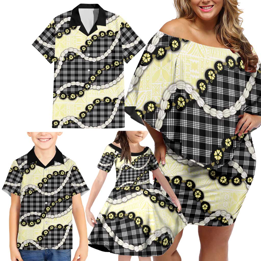 Black Palaka Hawaii Family Matching Off Shoulder Short Dress and Hawaiian Shirt Kukui Nut Pikake Lei Hawaiian Tapa Pattern - Polynesian Pride