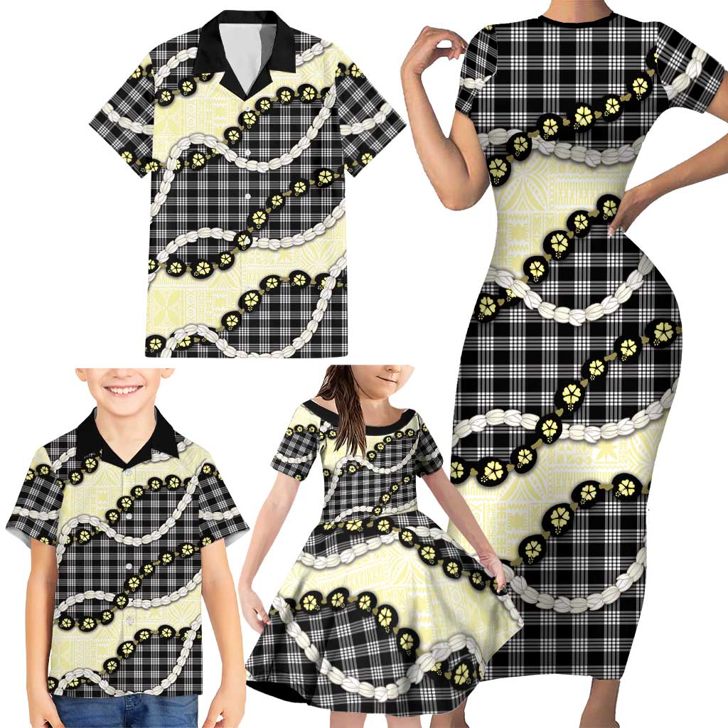 Black Palaka Hawaii Family Matching Short Sleeve Bodycon Dress and Hawaiian Shirt Kukui Nut Pikake Lei Hawaiian Tapa Pattern LT14 - Polynesian Pride