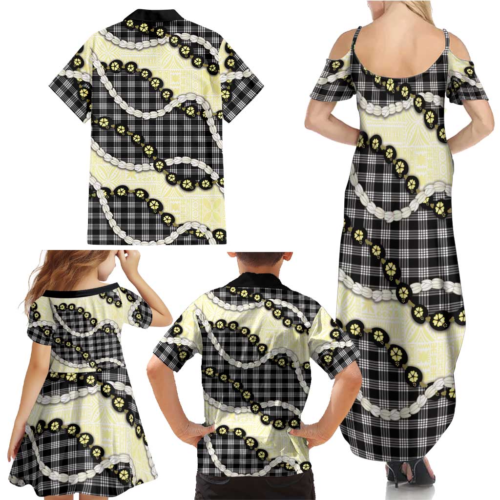 Black Palaka Hawaii Family Matching Summer Maxi Dress and Hawaiian Shirt Kukui Nut Pikake Lei Hawaiian Tapa Pattern - Polynesian Pride