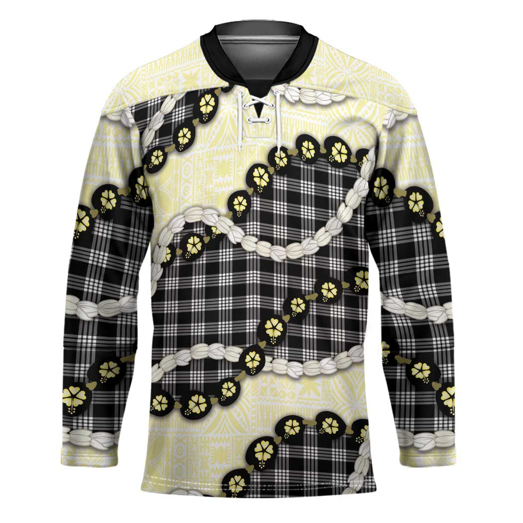 Black Palaka Hawaii Hockey Jersey Kukui Nut Pikake Lei Hawaiian Tapa Pattern - Polynesian Pride
