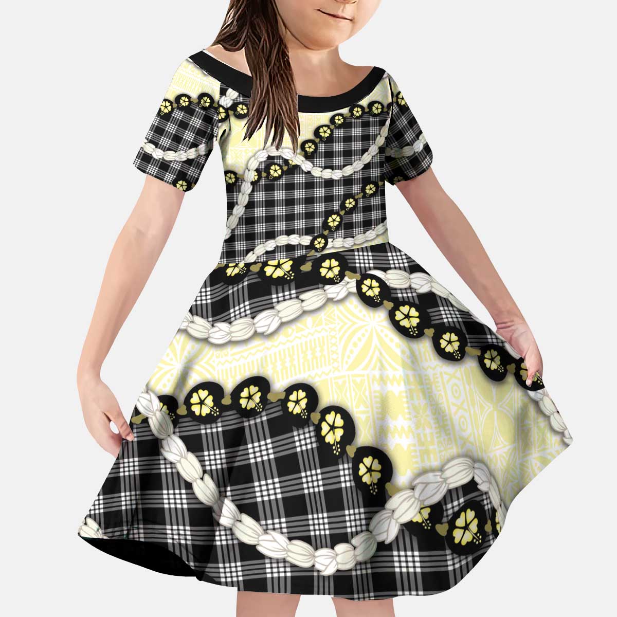 Black Palaka Hawaii Kid Short Sleeve Dress Kukui Nut Pikake Lei Hawaiian Tapa Pattern - Polynesian Pride