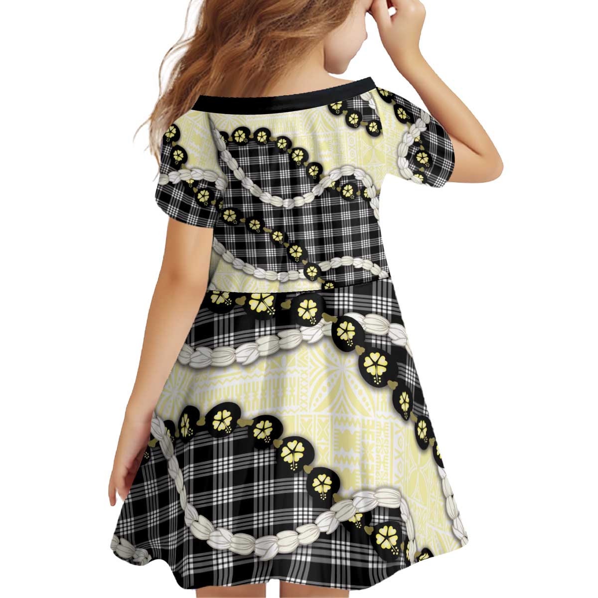 Black Palaka Hawaii Kid Short Sleeve Dress Kukui Nut Pikake Lei Hawaiian Tapa Pattern LT14 - Polynesian Pride