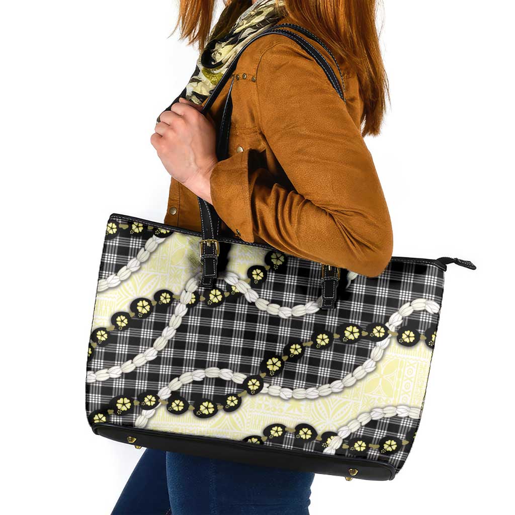 Black Palaka Hawaii Leather Tote Bag Kukui Nut Pikake Lei Hawaiian Tapa Pattern LT14 Black - Polynesian Pride