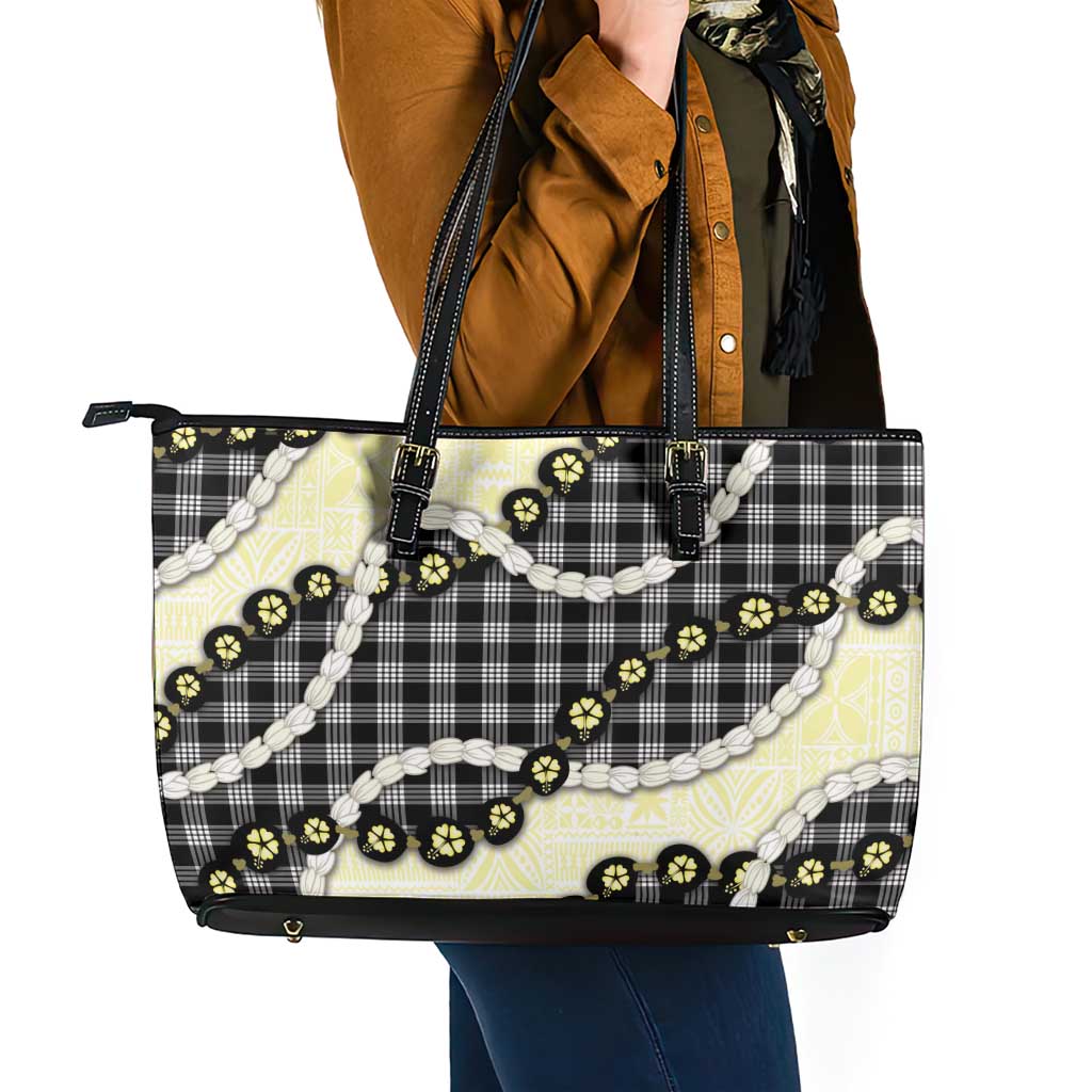Black Palaka Hawaii Leather Tote Bag Kukui Nut Pikake Lei Hawaiian Tapa Pattern LT14 - Polynesian Pride