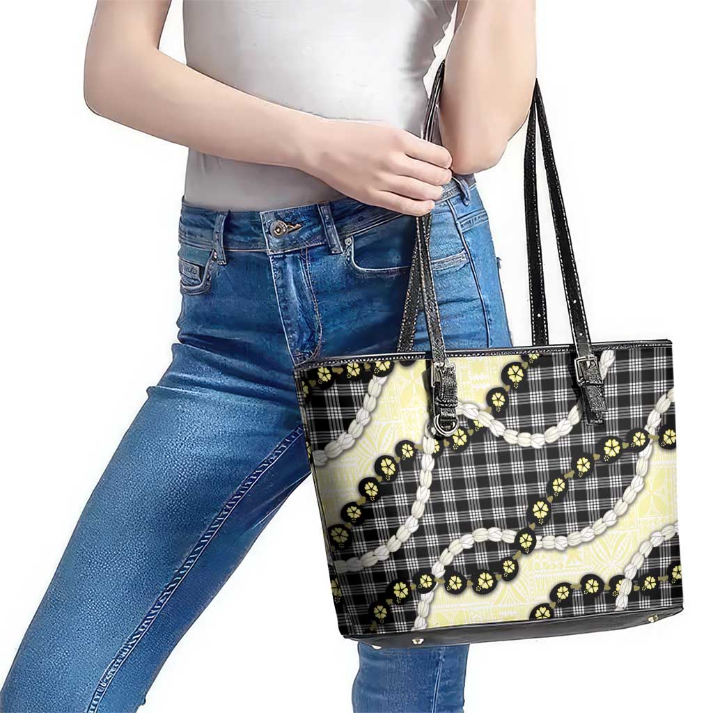 Black Palaka Hawaii Leather Tote Bag Kukui Nut Pikake Lei Hawaiian Tapa Pattern LT14 - Polynesian Pride