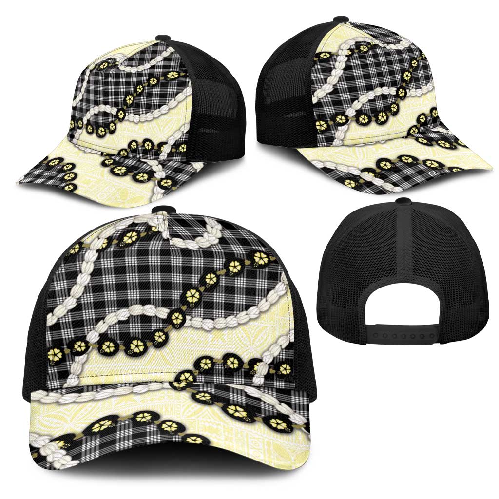Black Palaka Hawaii Mesh Trucker Cap Kukui Nut Pikake Lei Hawaiian Tapa Pattern - Polynesian Pride