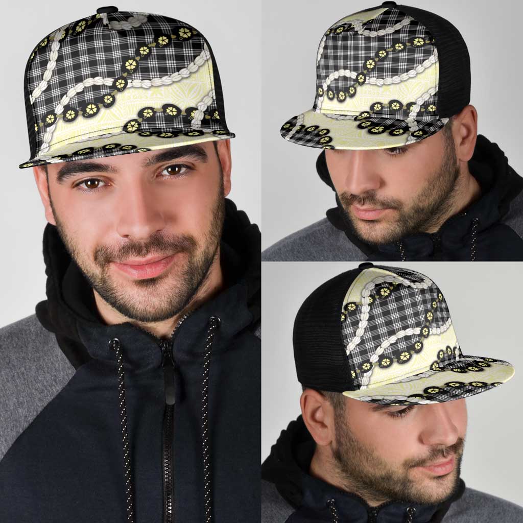Black Palaka Hawaii Mesh Trucker Cap Kukui Nut Pikake Lei Hawaiian Tapa Pattern - Polynesian Pride