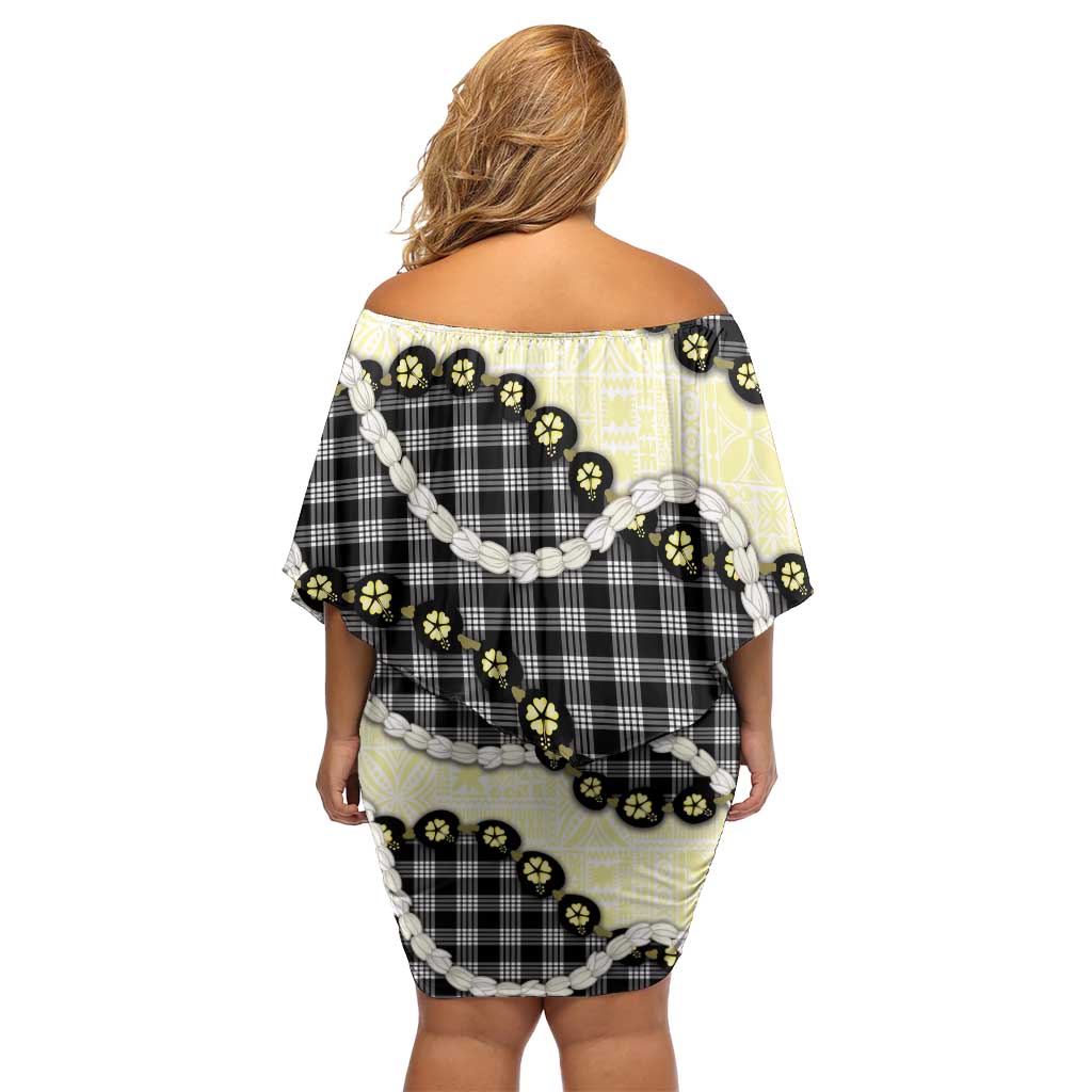 Black Palaka Hawaii Off Shoulder Short Dress Kukui Nut Pikake Lei Hawaiian Tapa Pattern LT14 - Polynesian Pride