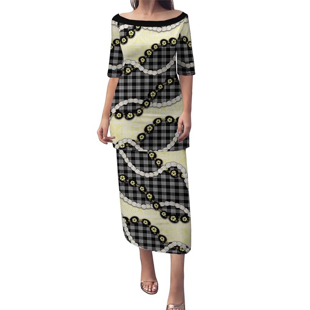 Black Palaka Hawaii Puletasi Kukui Nut Pikake Lei Hawaiian Tapa Pattern - Polynesian Pride