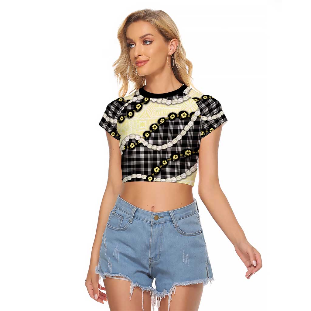 Black Palaka Hawaii Raglan Cropped T Shirt Kukui Nut Pikake Lei Hawaiian Tapa Pattern - Polynesian Pride