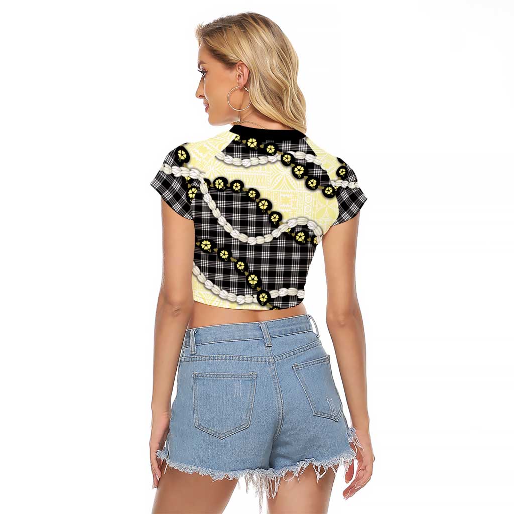 Black Palaka Hawaii Raglan Cropped T Shirt Kukui Nut Pikake Lei Hawaiian Tapa Pattern - Polynesian Pride